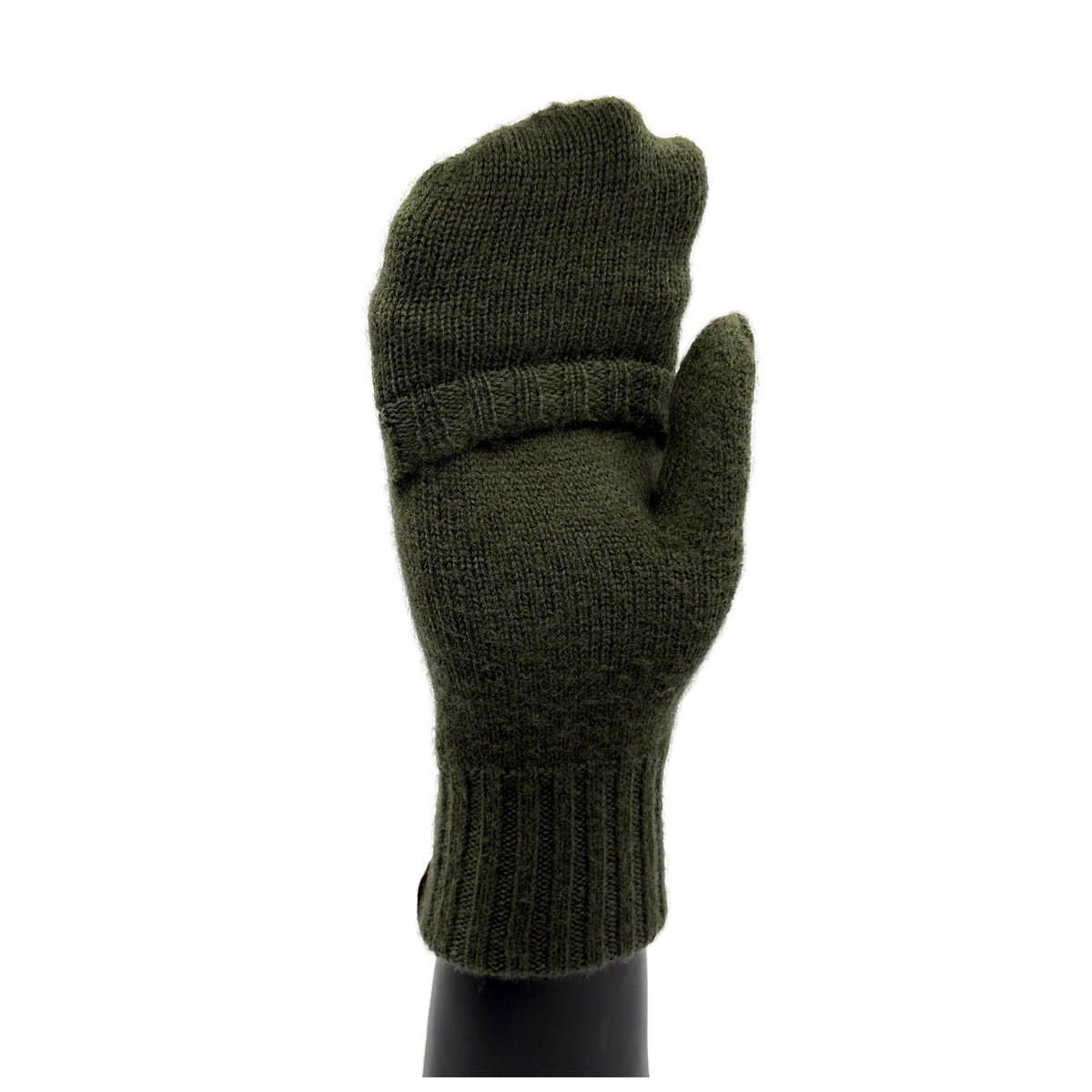 Eine Hand die ein Fäustling trägt aus Merino in Grün und die Innenseite des Fäustling zeigt mit geschlossenen Fingern