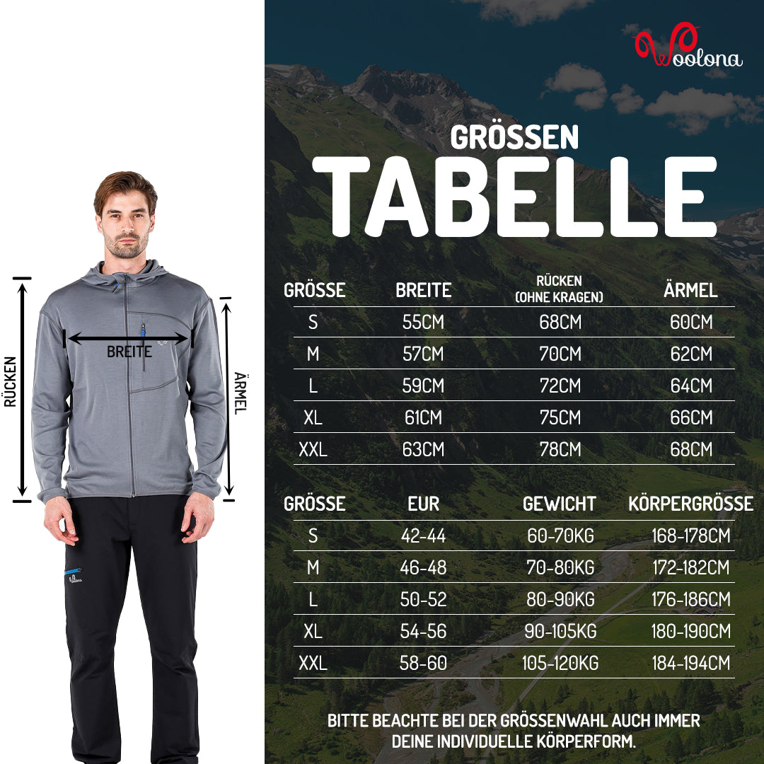 Größentabelle für Herren 100% Merino Kapuzenjacke