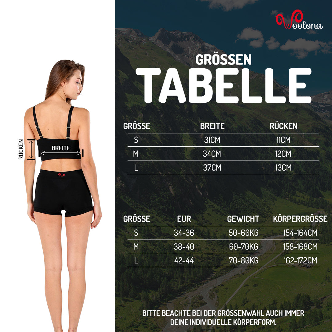 Größentabelle für Damen Merino Bra seamless