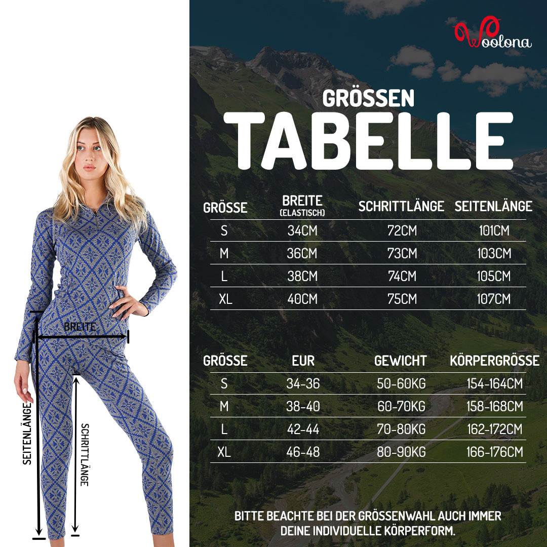 GröĂentabelle fĂŒr Damen Leggings aus 100% Merinowolle
