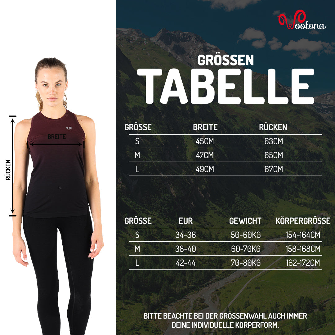 Größentabelle für Seamless Tanktop für Damen aus Merino