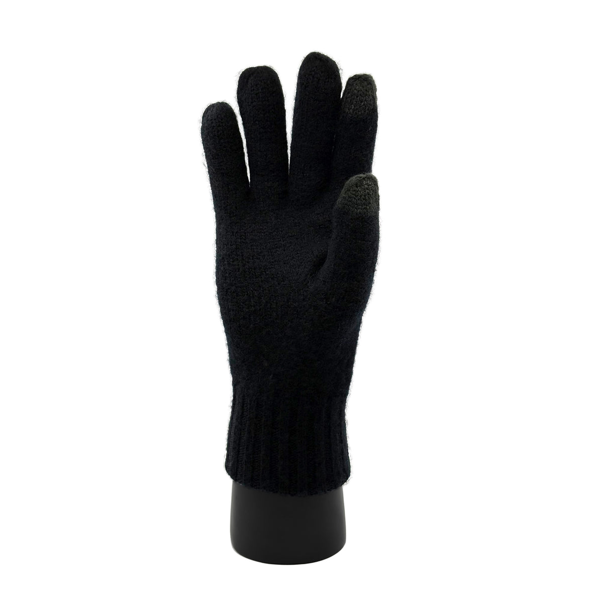 Eine Hand die ein Handschuh trägt aus Merino in Schwarz und die Innenseite zeigt