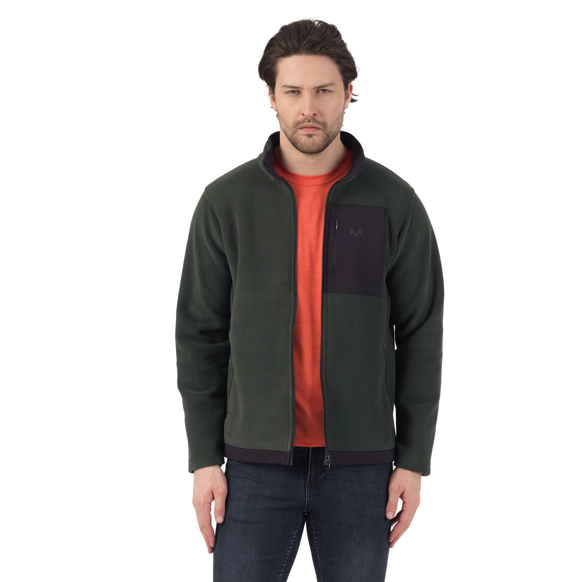 Mann mit Merinojacke Polar -Fleece in grün mit vielen Taschen.