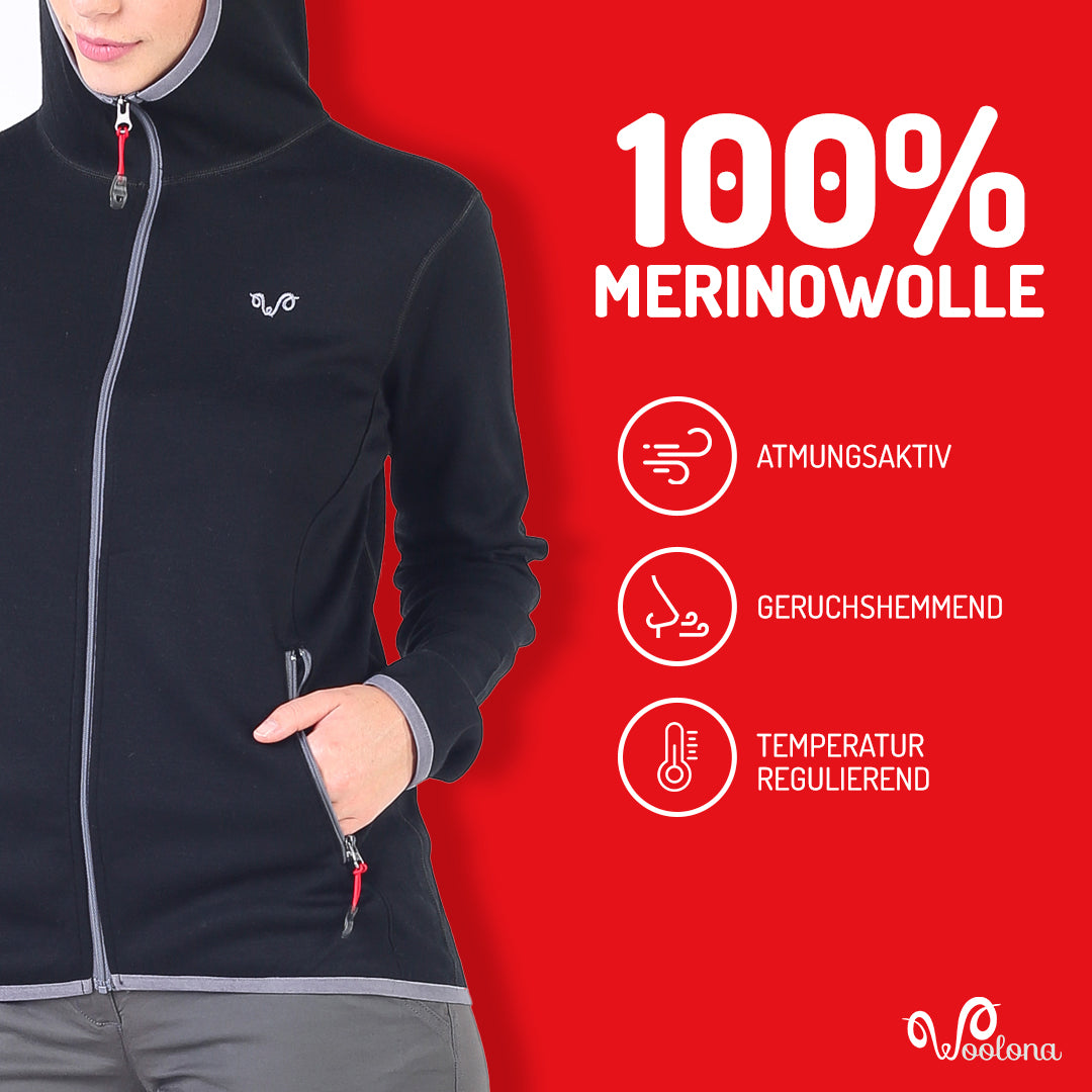 Frau trägt Merinohoodie mit atmungsaktiven und geruchshemmenden Eigenschaften
