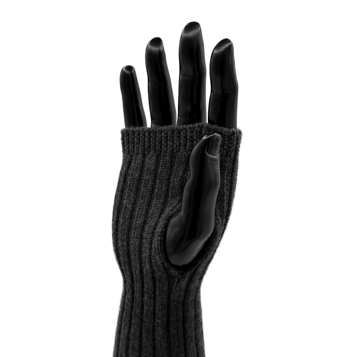 Fingerlose Handwärmer aus Merinowolle in Anthrazit mit Daumenschlaufe