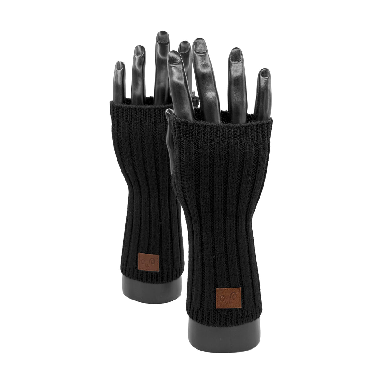 Handwärmer in der Farbe schwarz aus 100% Merinowolle mit einem braunen Woolona Logo