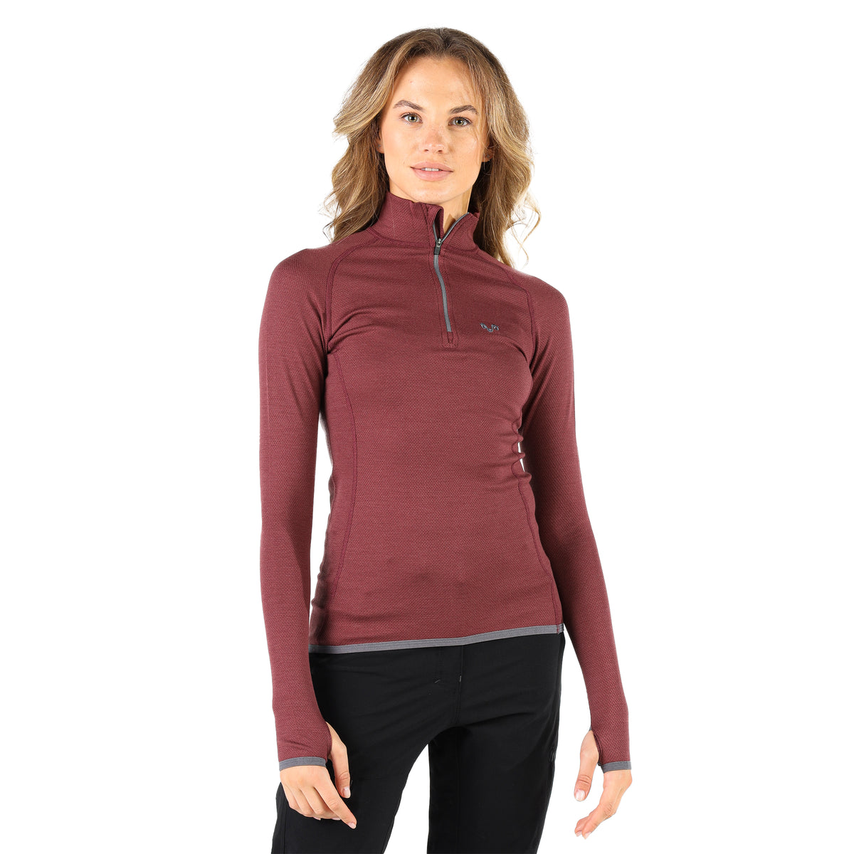 Dunkelrotes Merino Langarmshirt mit grauen Reißverschluss
