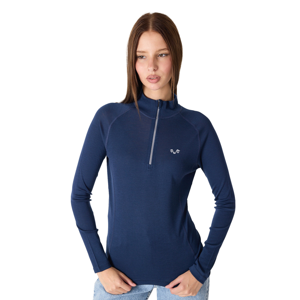 Damen Langarmshirt aus Merinowolle mit Viertel Zip in Navy Blau