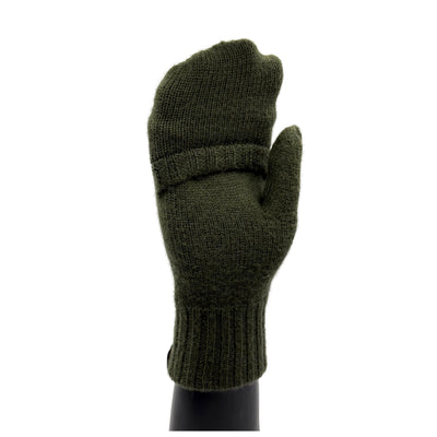 Eine Hand die ein Fäustling trägt aus Merino in Grün und die Innenseite des Fäustling zeigt mit geschlossenen Fingern