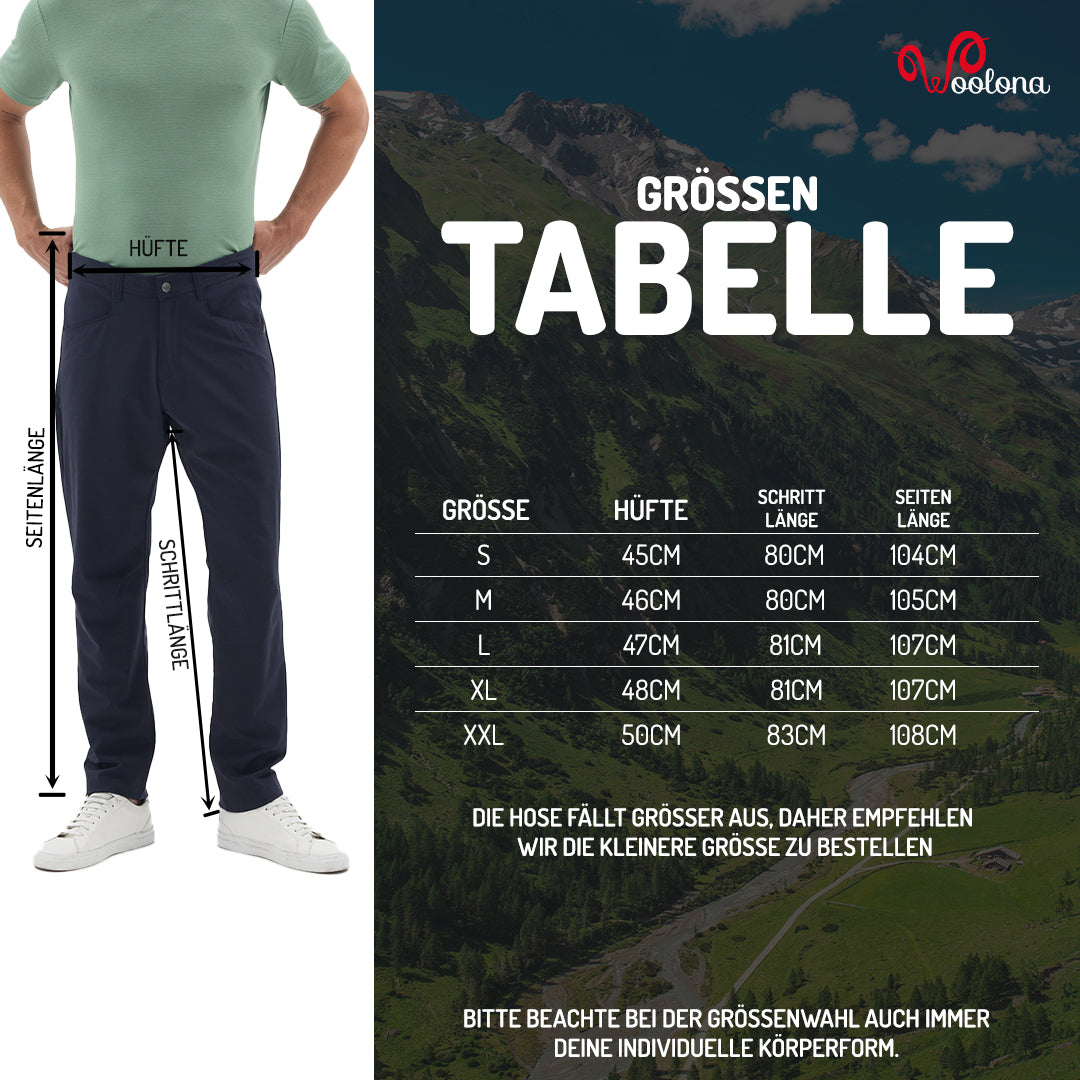 Größentabelle mit Illustration an der linken Seite für eine Reisehose aus Merinowolle