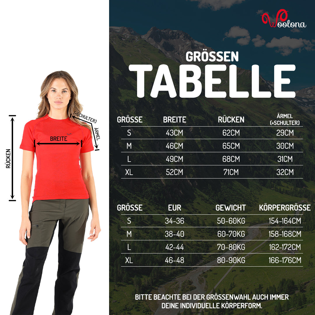 Größentabelle für Merino T-Shirt für Damen