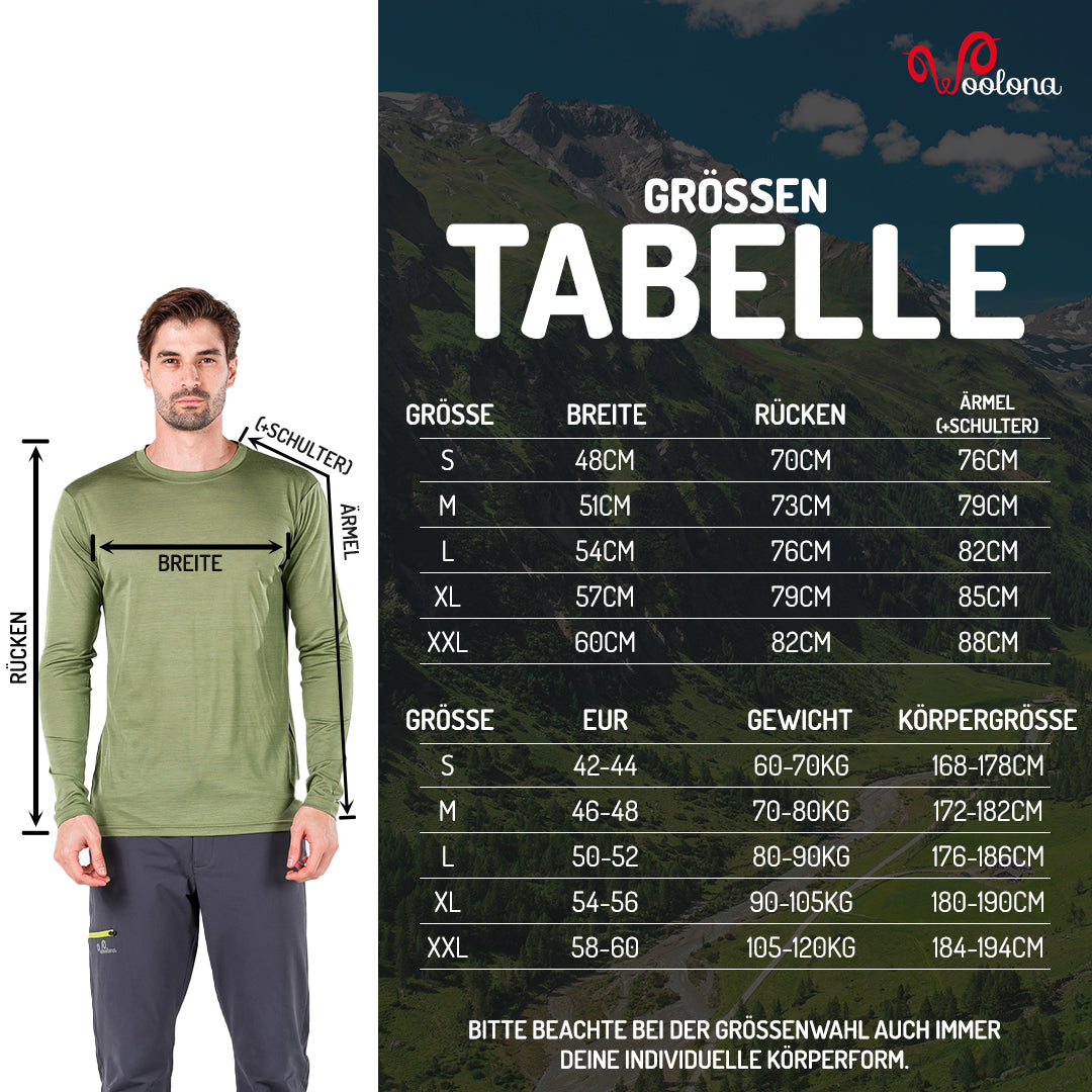 Größentabelle Herren Langarmshirt aus 100% Merinowolle