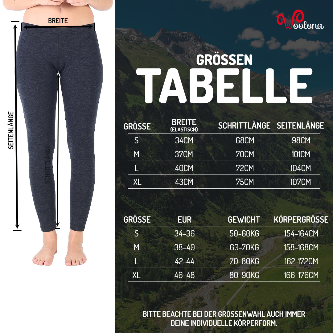 Größentabelle für lange Merino Unterhose für Damen