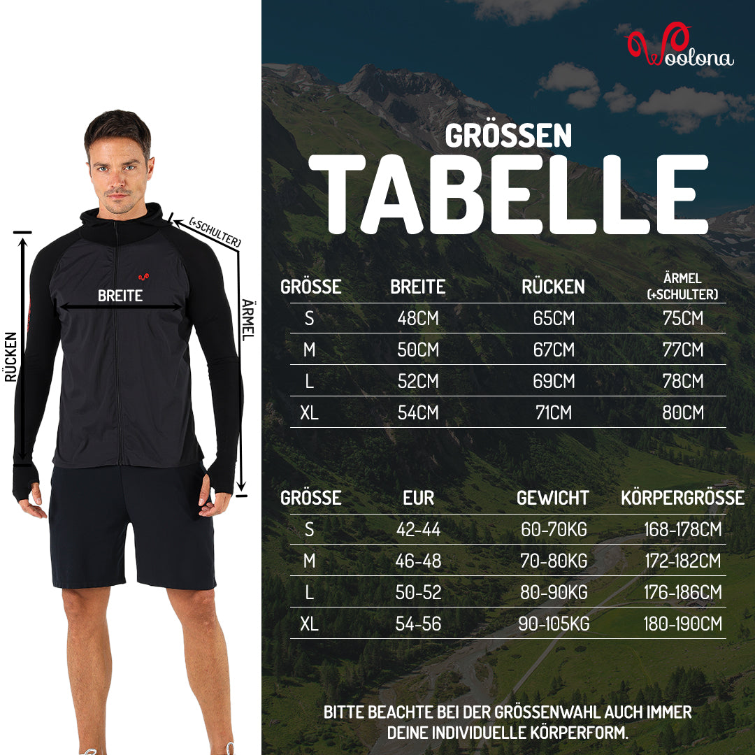 Größentabelle für Herren Seamless Sport Jacke aus Merinowolle 