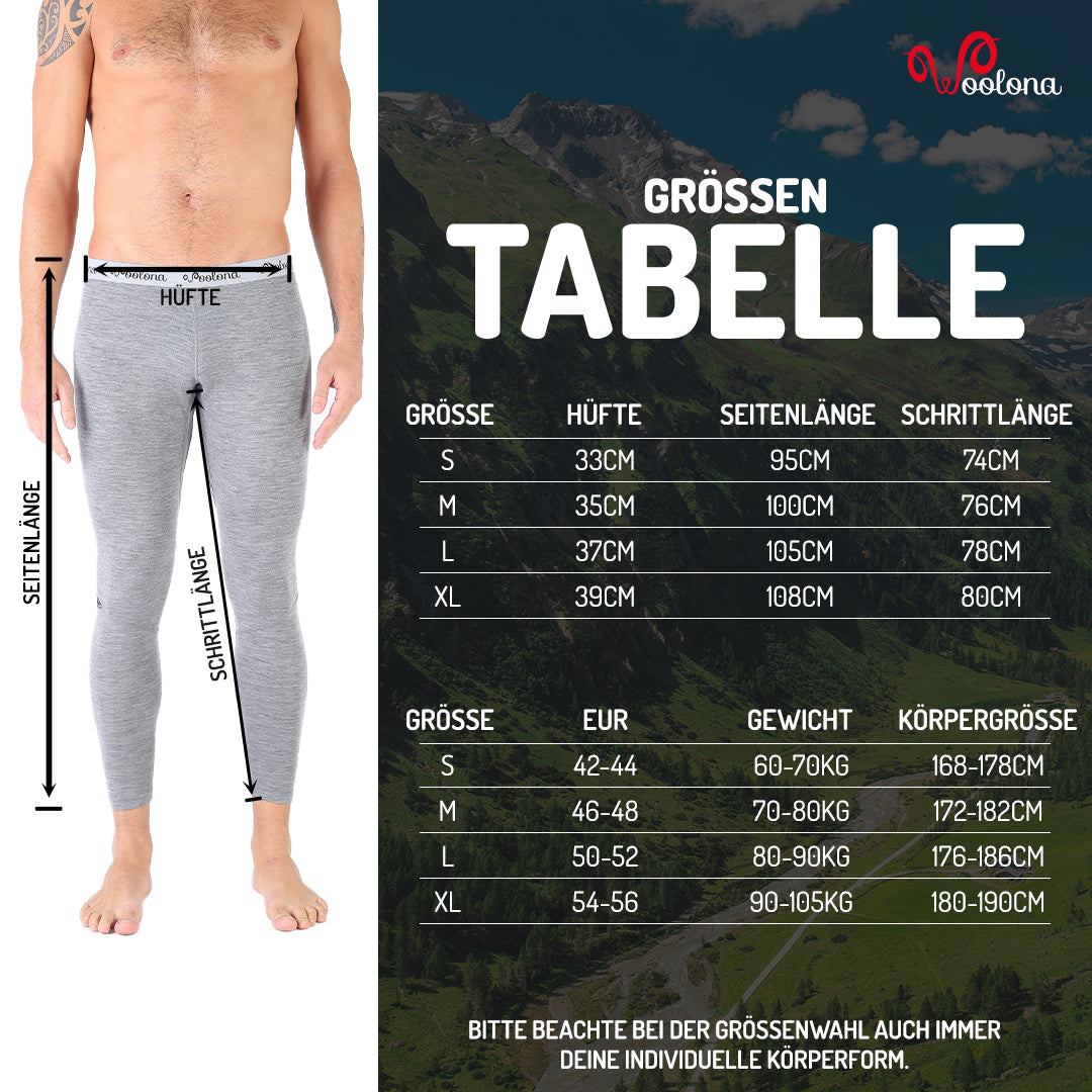 Größentabelle für Herren Merino lange Unterhose