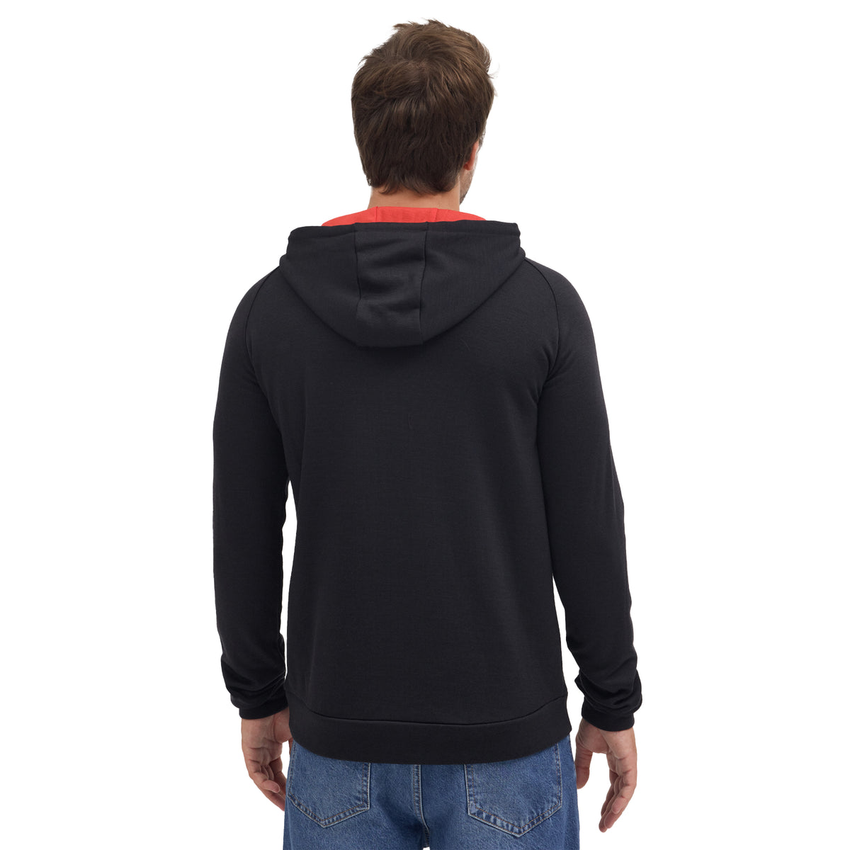 Rückseite Kapuzenpullover außen Schwarz innen Rot 