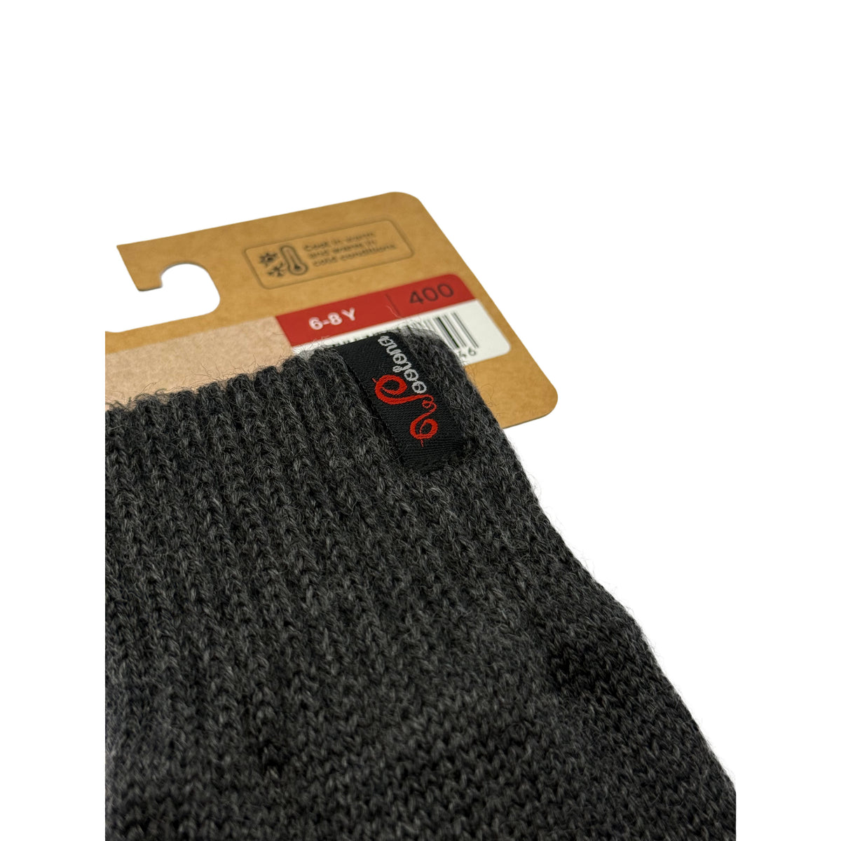 Aus der Nähe Woolona Logo an Kinderhandschuhen aus Merino in Anthrazit