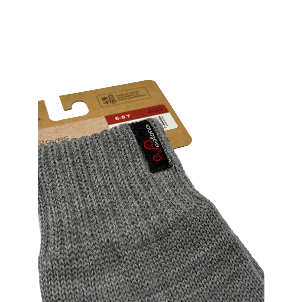 Aus der Nähe Woolona Logo an Kinderhandschuhen aus Merino in Grau