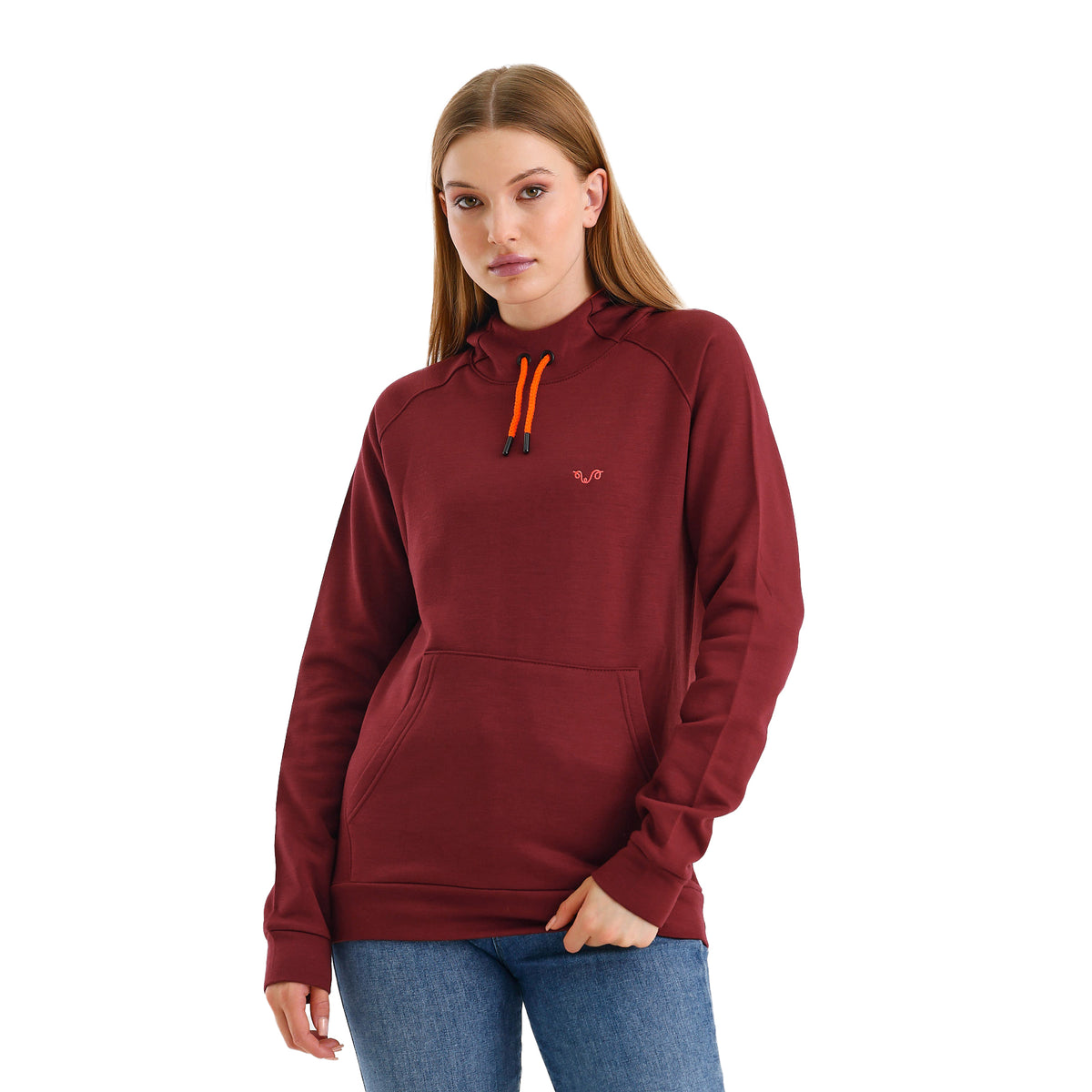 Kapuzenpullover für Damen aus 100% Merinowolle in Bordeaux Rot