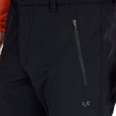 Merino Outdoorhose in der Nahaufnahme mit Woolona Logo und schwarzem Reißverschluss. 