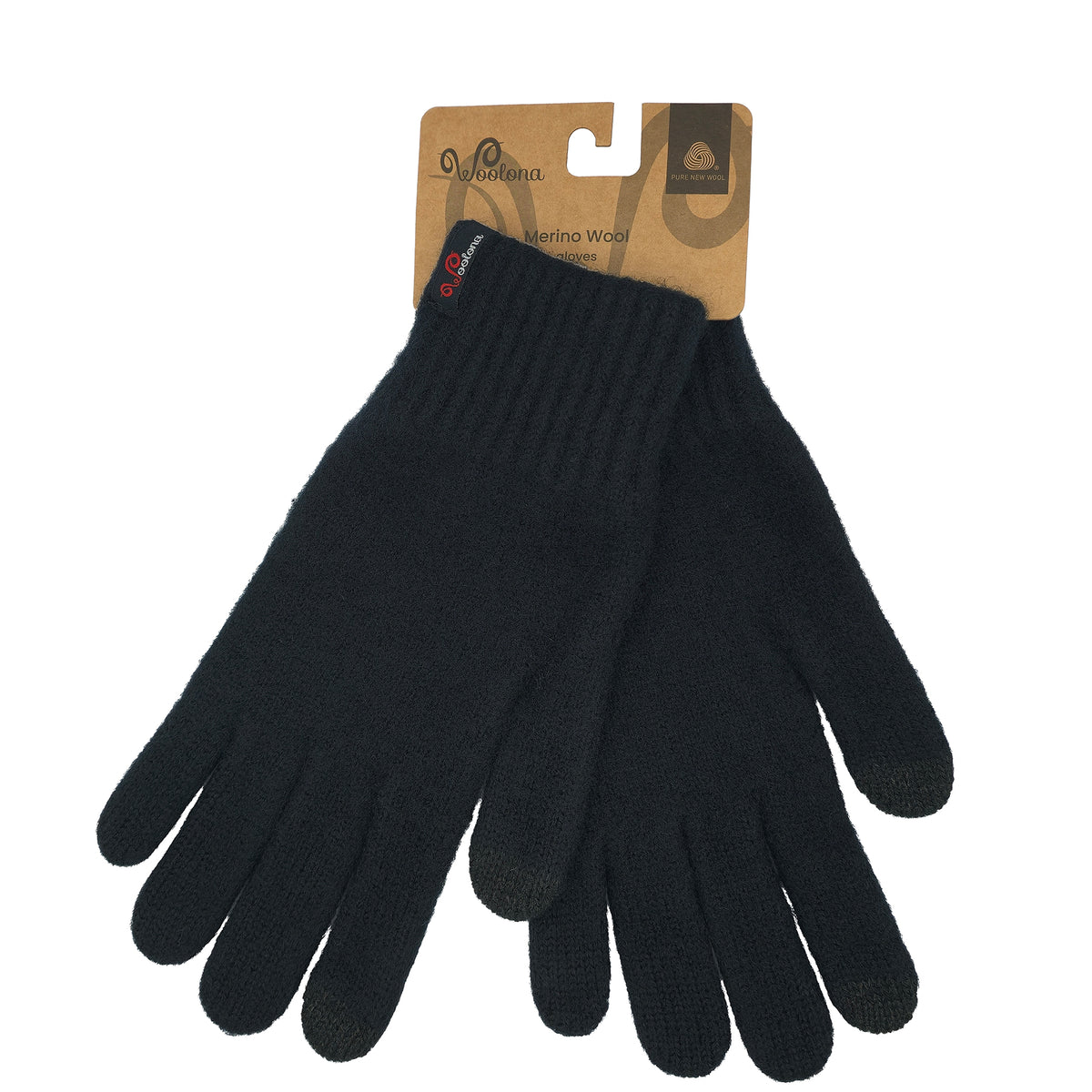 Winter Handschuhe aus Merinowolle in schwarz mit einem Woolona Logo und nachhaltiger Verpackung. 