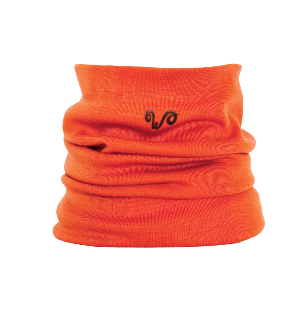 Merino Nackenwärmer in orange und schwarzen Logo